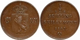 Norwegen: Carl XV. 1859-1872: ½ Skilling 1863, KM# 324, sehr schön.
 [differenzbesteuert]