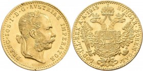 Österreich: Franz Joseph I. 1848-1916: Dukat 1915 (NP), KM# 2267, Friedberg 494. 3,49 g, 986/1000 Gold. Randschäden, vorzüglich.
 [zzgl. 0 % MwSt.]...