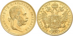 Österreich: Franz Joseph I. 1848-1916: Dukat 1915 (NP), KM# 2267, Friedberg 494. 3,49 g, 986/1000 Gold. Stempelglanz.
 [zzgl. 0 % MwSt.]