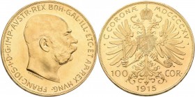 Österreich: Franz Joseph I. 1848-1916: 100 Kronen 1915 (NP), KM# 2819, Friedberg 507R, Frühwald 1923. 33,84 g, 900/1000 Gold. Vorzüglich.
 [zzgl. 0 %...