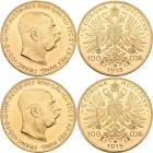 Österreich: Franz Joseph I. 1848-1916: Lot 2 Goldmünzen: 2 x 100 Kronen 1915 (NP), KM# 2819, Friedberg 507R, Frühwald 1923. Je 33,84 g, 900/1000 Gold....
