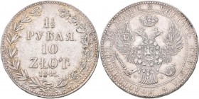 Polen: Nikolaus I. 1825-1855: 1½ Rubel 10 Zlotych 1841 MW - Warschau. KM# C 134, Davenport 284, Bitkin 1137 (R). 30,60 g. Randschäden, Kratzer, schön ...