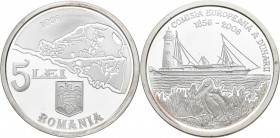 Rumänien: 5 Lei 2006, 150 Jahre Europ. Kommission der Donau / Danube. KM# 213. 31,103 g (1 OZ), 999/1000 Silber. Auflage nur 500 Stück mit Zertifikat ...