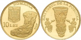 Rumänien: 10 Lei 2007, The Rhyton of Poroina (Trinkhorn). KM# 288. 1,224 g, 999/1000 Gold. Auflage nur 500 Stück mit Zertifikat Nr. 470 in Buchform. S...