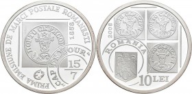 Rumänien: 10 Lei 2008, Marcile postale Cap de Bour - 150 Jahre Ausgabe der ersten Briefmarke ”Stierkopf”. KM# 230. 31,103 g (1 OZ), 999/1000 Silber. A...