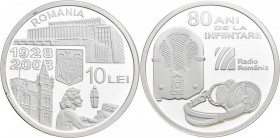 Rumänien: 10 Lei 2008, 80 Jahre rumänischer Rundfunk / Radio Romania / Romanian Broadcasting Company. KM# 231. 31,103 g (1 OZ), 999/1000 Silber. Aufla...