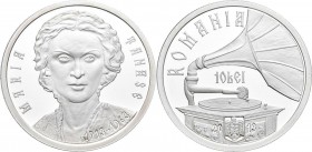 Rumänien: 10 Lei 2013, 100. Geburtstag Maria Tanase. KM# n.b. 31,103 g (1 OZ), 999/1000 Silber. Auflage nur 500 Stück mit Zertifikat Nr. 313 in Buchfo...