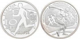 Rumänien: 10 Lei 2014, 100 Jahre rumänisches Olympisches Kommitee. KM# n.b. 31,103 g (1 OZ), 999/1000 Silber. Auflage nur 250 Stück mit Zertifikat Nr....
