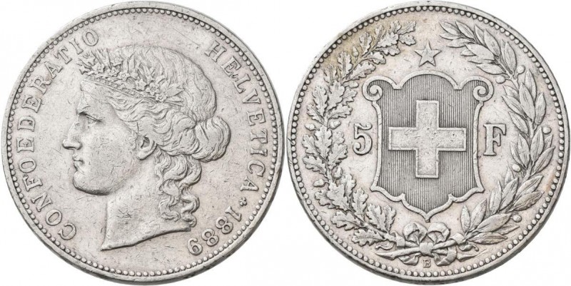 Schweiz: Eidgenossenschaft: 5 Franken 1889 B. 24,93 g, HMZ 2-1198b, sehr schön....