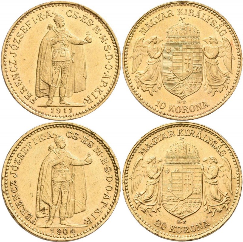 Ungarn: Franz Joseph I. 1848-1916: Lot 2 Goldmünzen: 20 Kronen / Corona 1904 KB,...