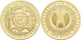 Deutschland: 100 Euro 2002 Währungsunion (J), in Originalkapsel und Etui, mit Zertifikat, Jaeger 493. 15,55 g, (½ OZ) 999/1000 Gold. Stempelglanz.
 [...