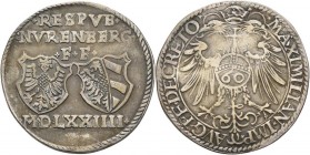 Altdeutschland und RDR bis 1800: Nürnberg: Guldentaler zu 60 Kreuzer 1574, mit Titel Maximilian II., vgl. Davenport 82, vgl. Kellner 142, vgl. Slg. Er...