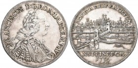 Altdeutschland und RDR bis 1800: Regensburg-Stadt: Taler 1756 ICB mit Titel und Brustbild Franz I. Stephan / Stadtansicht von Norden mit Flusslandscha...