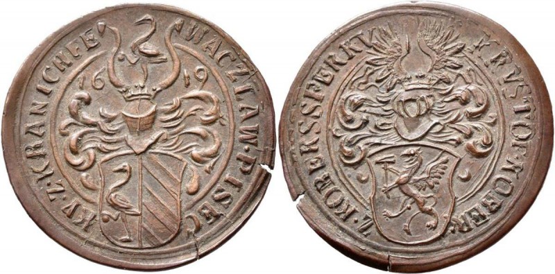 Haus Habsburg: Böhmen, Cu-Rechenpfennig 1619, 25 mm, 2,85 g. KRVSTOF KOBER Z KOB...