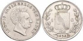 Baden: Ludwig 1818-1830: Gulden (sog. Kraushaar-Gulden) 1826, AKS 56, Jäger 35, leicht justiert, Kratzer, sehr schön.
 [differenzbesteuert]