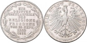 Frankfurt am Main: Freie Stadt: Doppelgulden 1855 (Zwey Gulden), Religionsfrieden, AKS 42, Jaeger 49, vorzüglich.
 [differenzbesteuert]