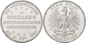 Frankfurt am Main: Freie Stadt: Taler 1859 (Ein Gedenkthaler), 100. Geburtstag von Schiller, AKS 43, Jaeger 50, Davenport 650. Kratzer, sehr schön.
 ...