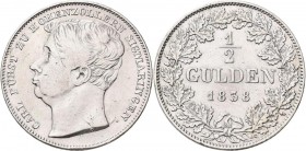 Hohenzollern-Sigmaringen: Carl 1831-1848: ½ Gulden 1838, AKS 13, Kaeger 12. Nur 11.800 Ex., Randfehler, sehr schön.
 [differenzbesteuert]