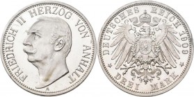 Anhalt: Friedrich II. 1904-1918: 3 Mark 1909 A, Jaeger 23, minimal berieben, Polierte Platte.
 [differenzbesteuert]