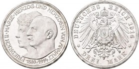 Anhalt: Friedrich II. 1904-1918: 3 Mark 1914 A, Silberhochzeit mit Gemahlin Marie von Baden, Jaeger 24, winzige Kratzer, sonst vorzüglich.
 [differen...