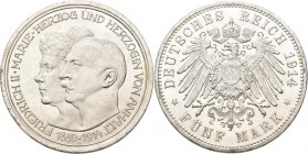 Anhalt: Friedrich II. 1904-1918: 5 Mark 1914, mit Ehefrau Marie von Baden, Silberhochzeit. Jaeger 25, Kratzer, Randfehler, sonst vorzüglich.
 [differ...