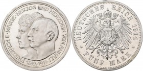 Anhalt: Friedrich II. 1904-1918: 5 Mark 1914, mit Ehefrau Marie von Baden, Silberhochzeit. Jaeger 25, polierte Platte.
 [differenzbesteuert]