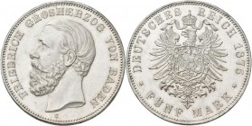 Baden: Friedrich I. 1856-1907: 5 Mark 1875 G, Jaeger 27 F, ohne Querstrich in A von Baden, winzige Kratzer, vorzüglich - stempelglanz.
 [differenzbes...