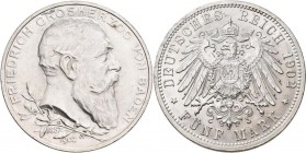 Baden: Friedrich I. 1852-1907: 5 Mark 1902, 50-jähriges Regierungsjubiläum, Jaeger 31, vorzüglich - stempelglanz.
 [differenzbesteuert]