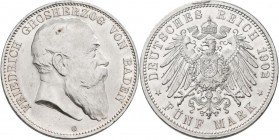 Baden: Friedrich I. 1856-1907: 5 Mark 1902 G, Jaeger 33, seltenster Jahrgang, winz. Kratzer, vorzüglich - stempelglanz.
 [differenzbesteuert]