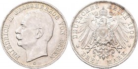 Baden: Friedrich II. 1907-1918: 3 Mark 1908 G, Jaeger 39, winzige Kratzer, Randfehler, sonst vorzüglich.
 [differenzbesteuert]