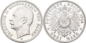 Baden: Friedrich II. 1907-1918: 3 Mark 1914 G, Jaeger 39, feine Haarlinien, polierte Platte.
 [differenzbesteuert]