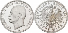 Baden: Friedrich II. 1907-1918: 5 Mark 1913 G, Jaeger 40, feine Haarlinien, Patina Ansatz, polierte Platte.
 [differenzbesteuert]