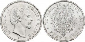 Bayern: Ludwig II. 1864-1886: 5 Mark 1876 D, Jaeger 42, Prachtexemplar, fast stempelglanz.
 [differenzbesteuert]