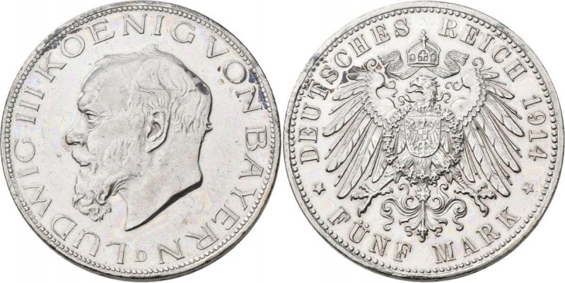 Bayern: Ludwig III. 1913-1918: 5 Mark 1914 D, Jaeger 53, berieben, vorzüglich.
...