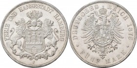 Hamburg: Freie und Hansestadt: 5 Mark 1875 J, Jaeger 62, winzige Kratzer, vorzüglich.
 [differenzbesteuert]