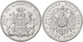 Hamburg: Freie und Hansestadt: 5 Mark 1900 J, Jaeger 65, kleiner Fleck, Haarlinien, polierte Platte.
 [differenzbesteuert]