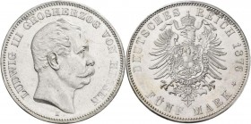 Hessen: Ludwig III. 1848-1877: 5 Mark 1876 H, Jaeger 67, kleine Kratzer, Wort Hessen schwach ausgeprägt, sonst vorzüglich.
[differenzbesteuert]