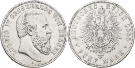 Hessen: Ludwig IV. 1877-1892: 5 Mark 1888 A, nur 9.000 Ex., Kratzer, sehr schön.
 [differenzbesteuert]