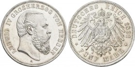 Hessen: Ludwig IV. 1877-1892: 5 Mark 1891 A, nur 25.060 Ex., feine Kratzer, sonst vorzüglich - stempelglanz.
 [differenzbesteuert]