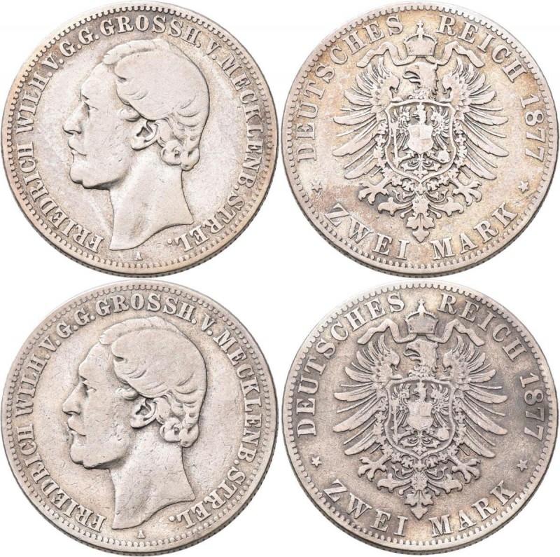 Mecklenburg-Strelitz: Friedrich Wilhelm 1860-1904: Lot 2 Stück, 2 Mark 1877 A, J...