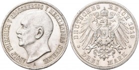 Mecklenburg-Strelitz: Adolf Friedrich V. 1904-1914: 3 Mark 1913 A, Jaeger 92, sehr selten, Auflage nur 7.000 Stück, minimaler Randfehler, kleine Kratz...