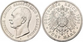 Oldenburg: Friedrich August 1900-1918: 5 Mark 1901, Jaeger 95, zaponiert, minimal berieben, polierte Platte.
 [differenzbesteuert]