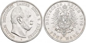 Preußen: Wilhelm I. 1861-1888: 5 Mark 1874 A, Jaeger 97, kleinste Randfehler, winzige Kratzer, sonst vorzüglich.
 [differenzbesteuert]