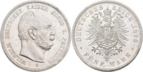 Preußen: Wilhelm I. 1861-1888: 5 Mark 1876 B, Jaeger 97, feine Kratzer, sonst vorzüglich.
 [differenzbesteuert]