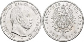 Preußen: Wilhelm I. 1861-1888: 5 Mark 1876 C, Jaeger 97, kleinste Randfehler, winzige Kratzer, sonst vorzüglich.
 [differenzbesteuert]