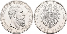 Preußen: Friedrich III. 1888: 5 Mark 1888 A, Jaeger 99, minimal berieben, zaponiert, fast stempelglanz.
 [differenzbesteuert]