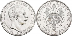 Preußen: Wilhelm II. 1888-1918: 2 Mark 1888 (kleiner Adler), Jaeger 100, zaponiert, vorzüglich.
 [differenzbesteuert]