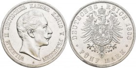 Preußen: Wilhelm II. 1888-1918: 5 Mark 1888 A, Jaeger 101, kleine Randfehler und Kratzer, vorzüglich.
 [differenzbesteuert]