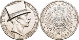 Preußen: Wilhelm II. 1888-1918: 3 Mark 1911, Spottmünze mit aufgelötetem Hut, zu Jaeger 103, sehr schön+.
 [differenzbesteuert]