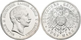 Preußen: Wilhelm II. 1888-1918: 5 Mark 1901 A, Jaeger 104, zaponiert, kleiner Teil ohne Lack, stempelglanz.
 [differenzbesteuert]
